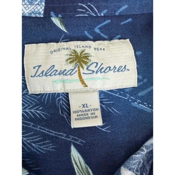 Island Shores Mens XL Blue Tropical Palm Tree Rayon Hawaiian Button Down Shirt - Picture 3 of 7